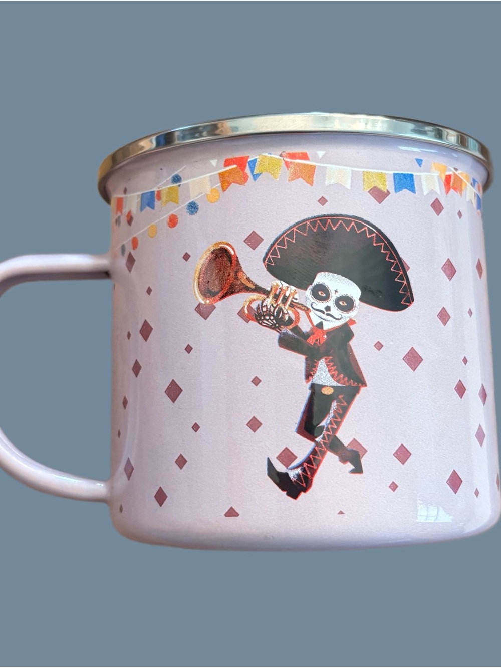 Pink Day of the Dead Enamel Mug with Skeleton Musician Design